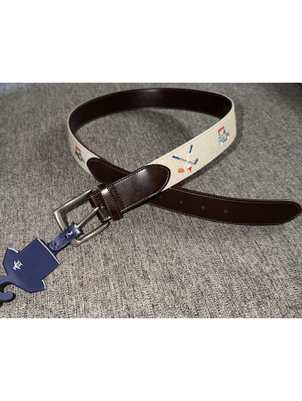 Original Penguin New Golf Belt Sz. 30 Khaki/Leather w/Embroidery MSRP $60